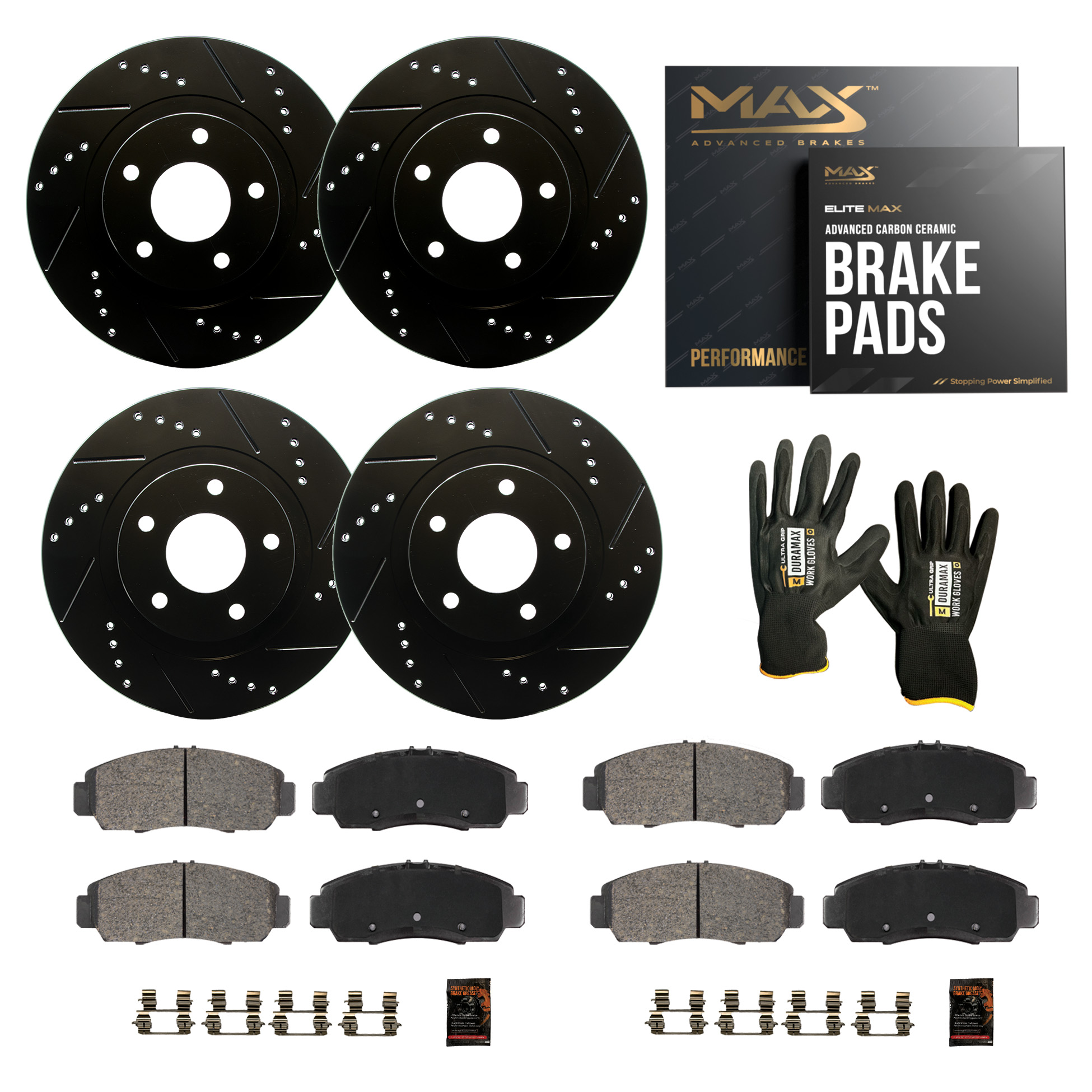 AM Autoparts Front & Rear Brake Kit: Drilled & Slotted Rotors + Ceramic Pads For BMW 328i (2007-2015)